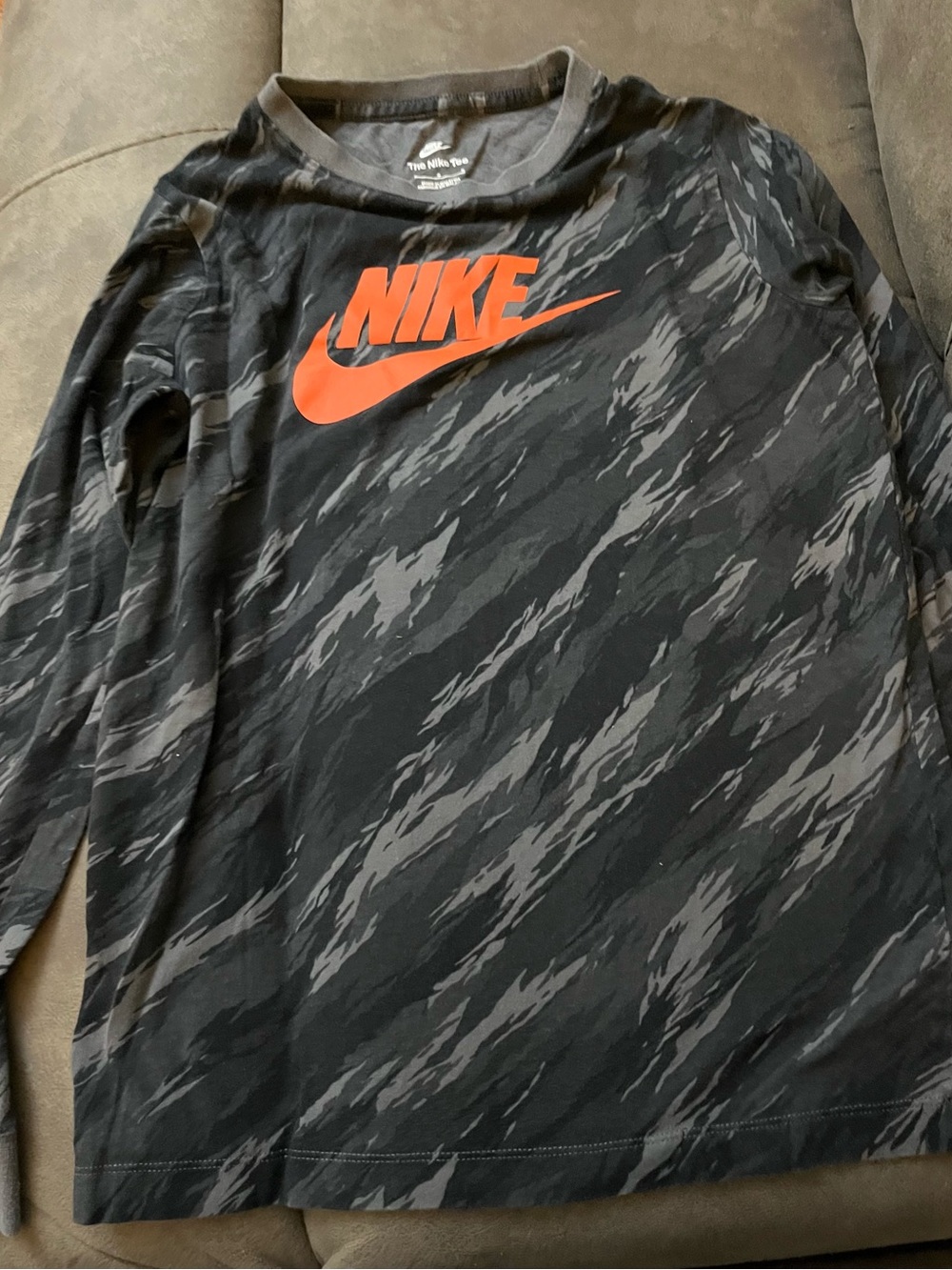 Nike Black Camo Tee with Bold Orange Logo YLG